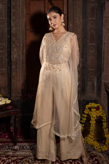 Shop_Farha Syed_Ivory Organza, Chanderi Silk, Taffeta Pearls, Geometric Kaftan And Pant Set _at_Aza_Fashions