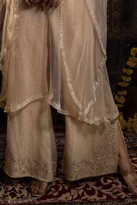 Farha Syed_Ivory Organza, Chanderi Silk, Taffeta Pearls, Geometric Kaftan And Pant Set _Online_at_Aza_Fashions