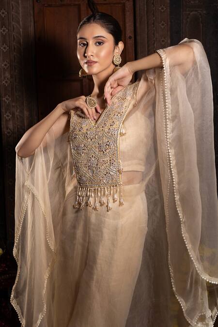 Buy_Farha Syed_Ivory Organza, Chanderi Silk, Taffeta Pearls, Geometric Kaftan And Pant Set _Online_at_Aza_Fashions