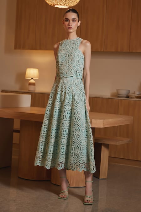 Label Deepika Nagpal_Green Viscose, Crepe Cut Work Round Neck Alena Floral Top With Scalloped Skirt _Online_at_Aza_Fashions