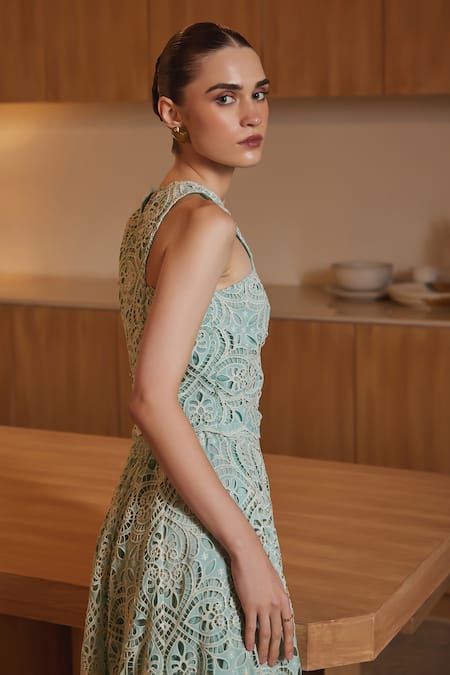 Buy_Label Deepika Nagpal_Green Viscose, Crepe Cut Work Round Neck Alena Floral Top With Scalloped Skirt 