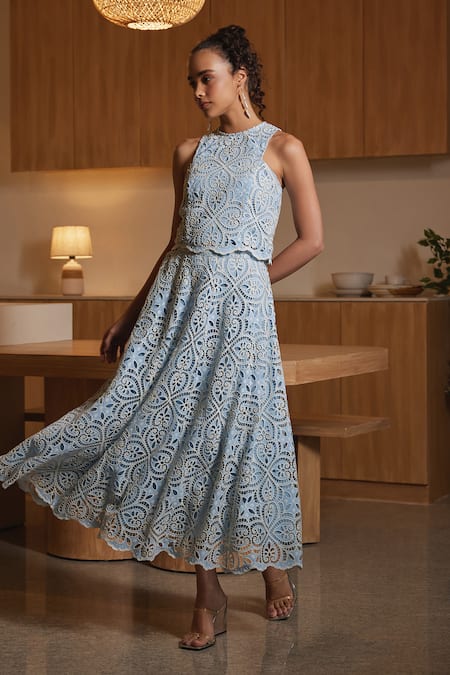 Label Deepika Nagpal Sky Blue French Mesh Embroidered Cutwork Alena Floral Top With Scalloped Skirt 