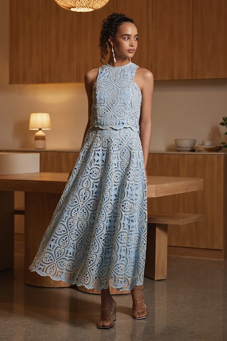Label Deepika Nagpal Sky Blue Cotton, Viscose, Crepe Cut Work Alena Floral Top With Scalloped Skirt Online at Aza Fashions Label Deepika Nagpal_Sky Blue Cotton, Viscose, Crepe Cut Work Alena Floral Top With Scalloped Skirt _Online_at_Aza_Fashions