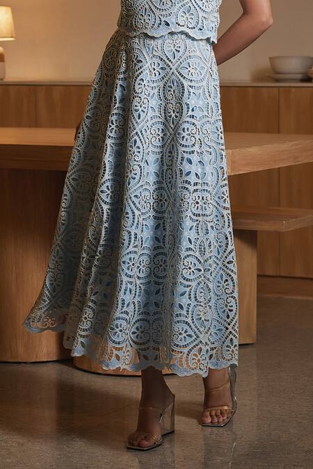 Buy Label Deepika Nagpal Sky Blue Cotton, Viscose, Crepe Cut Work Alena Floral Top With Scalloped Skirt Online at Aza Fashions Buy_Label Deepika Nagpal_Sky Blue Cotton, Viscose, Crepe Cut Work Alena Floral Top With Scalloped Skirt _Online_at_Aza_Fashions