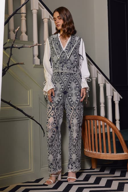 Label Deepika Nagpal Athena Floral Cutwork Vest Pant Set 