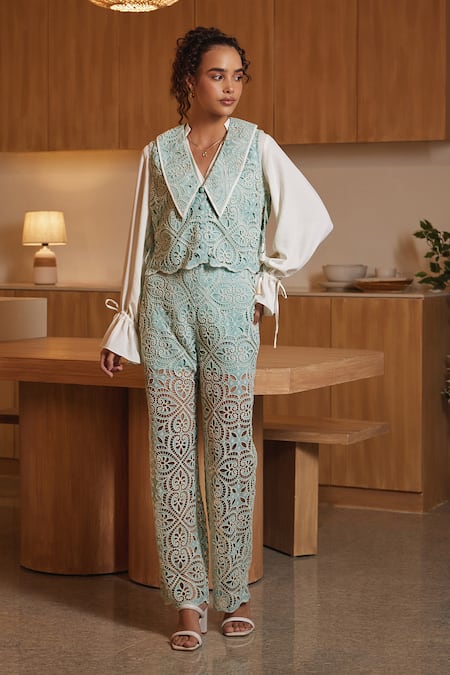 Label Deepika Nagpal Green French Mesh Embroidered Cutwork Shirt Athena Floral Vest Pant Set 