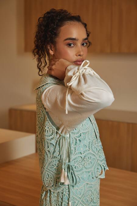 Buy Label Deepika Nagpal Green Viscose, Georgette Embroidery, Cut Work Athena Floral Vest Pant Set Buy_Label Deepika Nagpal_Green Viscose, Georgette Embroidery, Cut Work Athena Floral Vest Pant Set