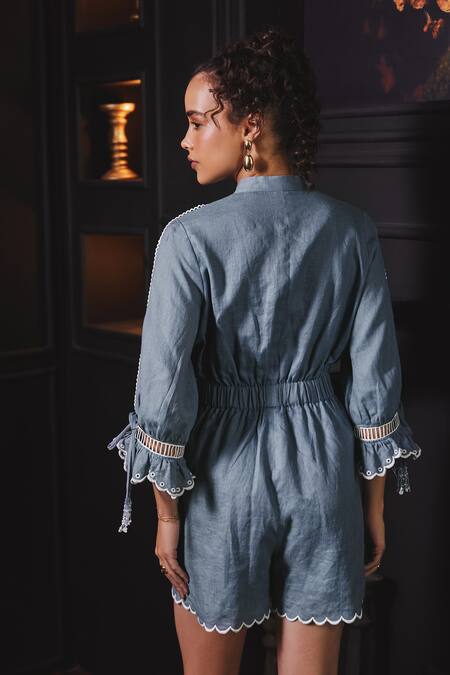 Shop_Label Deepika Nagpal_Blue Cotton, Viscose Embroidery Mandarin Collar Jiselle Floral Cutwork Playsuit_at_Aza_Fashions