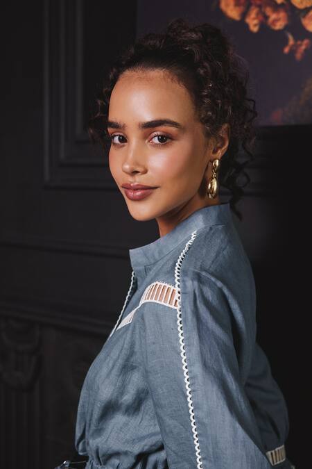 Shop_Label Deepika Nagpal_Blue Cotton, Viscose Embroidery Mandarin Collar Jiselle Floral Cutwork Playsuit_Online_at_Aza_Fashions