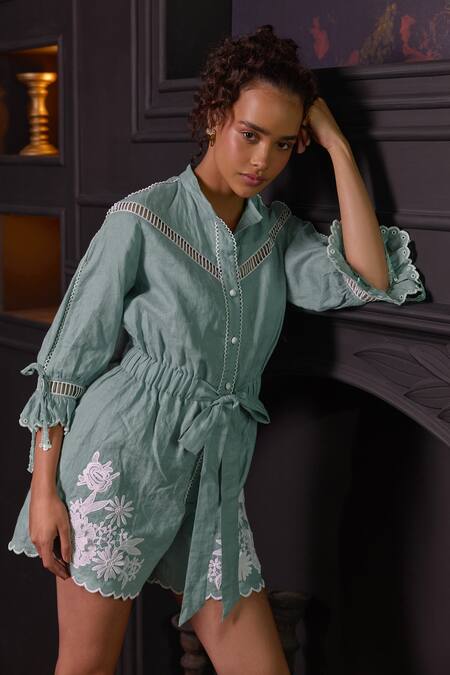 Shop Label Deepika Nagpal Green Cotton, Viscose Embroidery Mandarin Collar Jiselle Cutwork Floral Playsuit Online at Aza Fashions Shop_Label Deepika Nagpal_Green Cotton, Viscose Embroidery Mandarin Collar Jiselle Cutwork Floral Playsuit_Online_at_Aza_Fashions