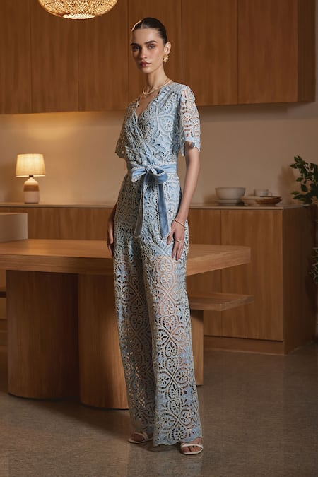 Label Deepika Nagpal Blue Viscose, Crepe Embroidery V-neck Jiselle Cutwork Floral Jumpsuit Online at Aza Fashions Label Deepika Nagpal_Blue Viscose, Crepe Embroidery V-neck Jiselle Cutwork Floral Jumpsuit _Online_at_Aza_Fashions