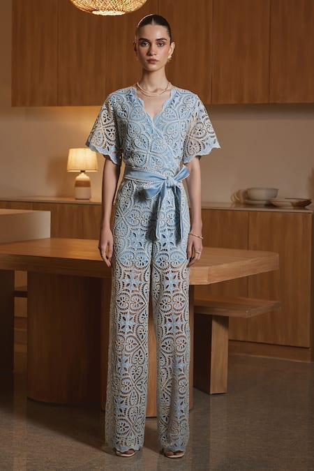 Shop Label Deepika Nagpal Blue Viscose, Crepe Embroidery V-neck Jiselle Cutwork Floral Jumpsuit Online at Aza Fashions Shop_Label Deepika Nagpal_Blue Viscose, Crepe Embroidery V-neck Jiselle Cutwork Floral Jumpsuit _Online_at_Aza_Fashions