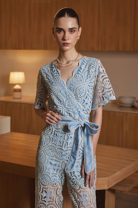 Buy Label Deepika Nagpal Blue Viscose, Crepe Embroidery V-neck Jiselle Cutwork Floral Jumpsuit Buy_Label Deepika Nagpal_Blue Viscose, Crepe Embroidery V-neck Jiselle Cutwork Floral Jumpsuit