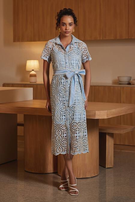 Label Deepika Nagpal Blue Cotton Collared Peace Cutwork Floral Dress Online at Aza Fashions Label Deepika Nagpal_Blue Cotton Collared Peace Cutwork Floral Dress _Online_at_Aza_Fashions