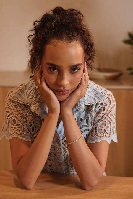 Shop Label Deepika Nagpal Blue Cotton Collared Peace Cutwork Floral Dress Online at Aza Fashions Shop_Label Deepika Nagpal_Blue Cotton Collared Peace Cutwork Floral Dress _Online_at_Aza_Fashions