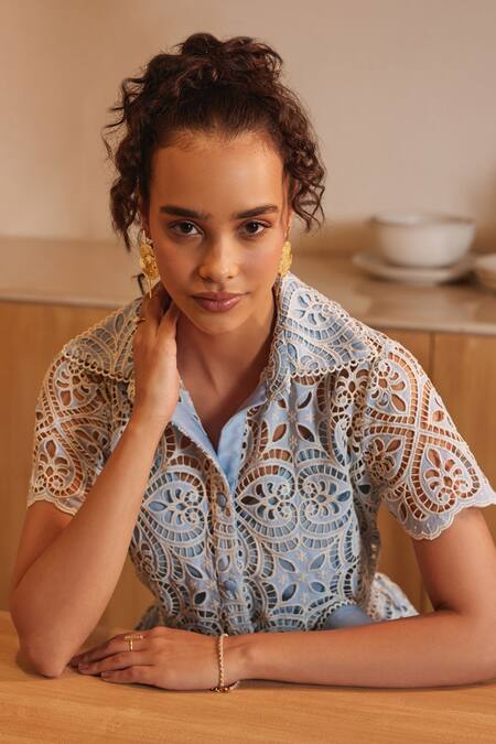 Label Deepika Nagpal Blue Cotton Collared Peace Cutwork Floral Dress at Aza Fashions Label Deepika Nagpal_Blue Cotton Collared Peace Cutwork Floral Dress _at_Aza_Fashions