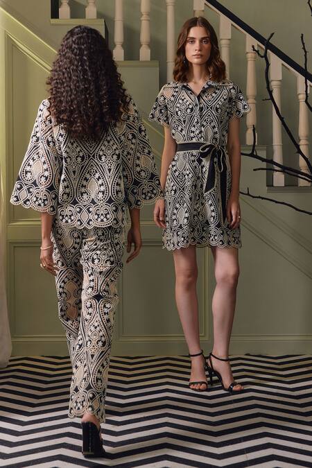 Label Deepika Nagpal Black Bows Collared Mylo Floral Cutwork Dress Online at Aza Fashions Label Deepika Nagpal_Black Bows Collared Mylo Floral Cutwork Dress _Online_at_Aza_Fashions