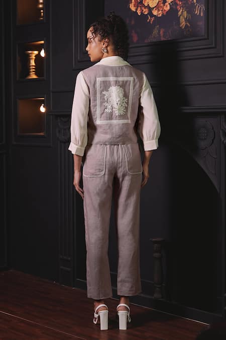 Shop Label Deepika Nagpal Pink Cotton, Linen Embroidery V-neck, Collared Genie Floral Vest Pant Set at Aza Fashions Shop_Label Deepika Nagpal_Pink Cotton, Linen Embroidery V-neck, Collared Genie Floral Vest Pant Set _at_Aza_Fashions