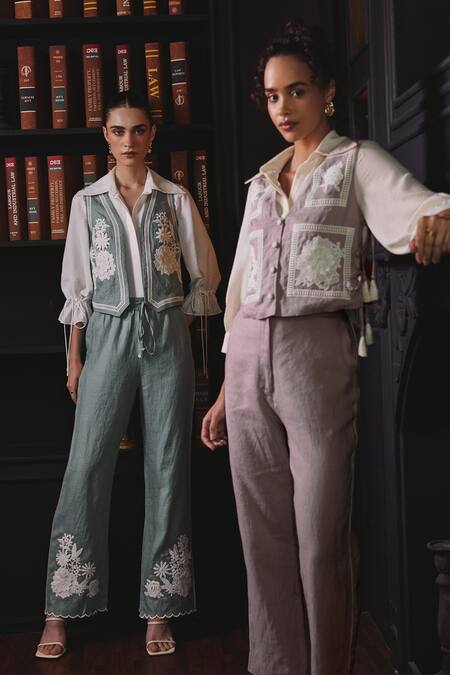 Label Deepika Nagpal Pink Cotton, Linen Embroidery V-neck, Collared Genie Floral Vest Pant Set Online at Aza Fashions Label Deepika Nagpal_Pink Cotton, Linen Embroidery V-neck, Collared Genie Floral Vest Pant Set _Online_at_Aza_Fashions