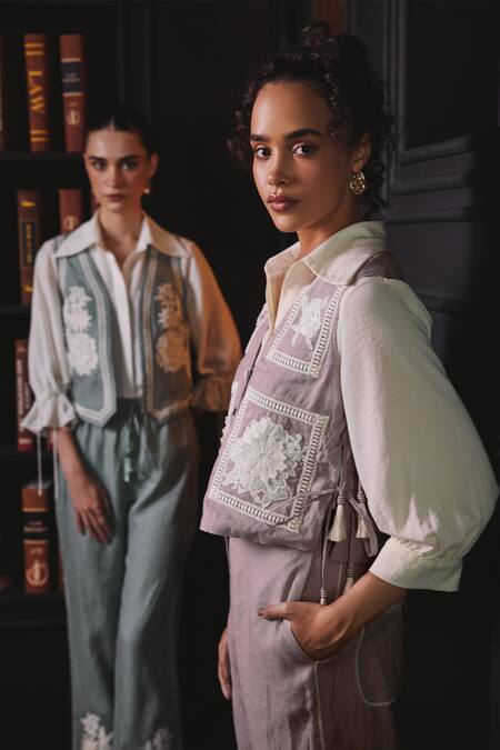 Buy Label Deepika Nagpal Pink Cotton, Linen Embroidery V-neck, Collared Genie Floral Vest Pant Set Online at Aza Fashions Buy_Label Deepika Nagpal_Pink Cotton, Linen Embroidery V-neck, Collared Genie Floral Vest Pant Set _Online_at_Aza_Fashions