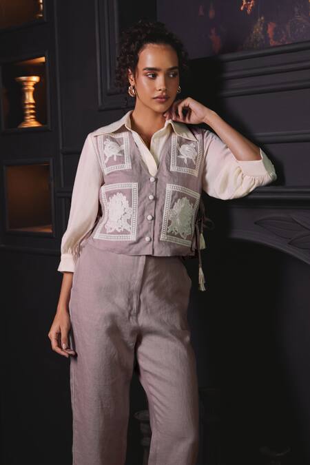 Shop Label Deepika Nagpal Pink Cotton, Linen Embroidery V-neck, Collared Genie Floral Vest Pant Set Online at Aza Fashions Shop_Label Deepika Nagpal_Pink Cotton, Linen Embroidery V-neck, Collared Genie Floral Vest Pant Set _Online_at_Aza_Fashions