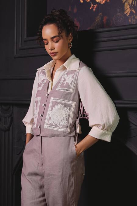 Label Deepika Nagpal Pink Cotton, Linen Embroidery V-neck, Collared Genie Floral Vest Pant Set at Aza Fashions Label Deepika Nagpal_Pink Cotton, Linen Embroidery V-neck, Collared Genie Floral Vest Pant Set _at_Aza_Fashions