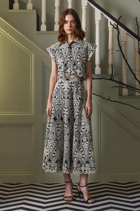 Label Deepika Nagpal Black Faux Leather Embroidery Collared Nina Floral Top And Skirt Set Online at Aza Fashions Label Deepika Nagpal_Black Faux Leather Embroidery Collared Nina Floral Top And Skirt Set _Online_at_Aza_Fashions