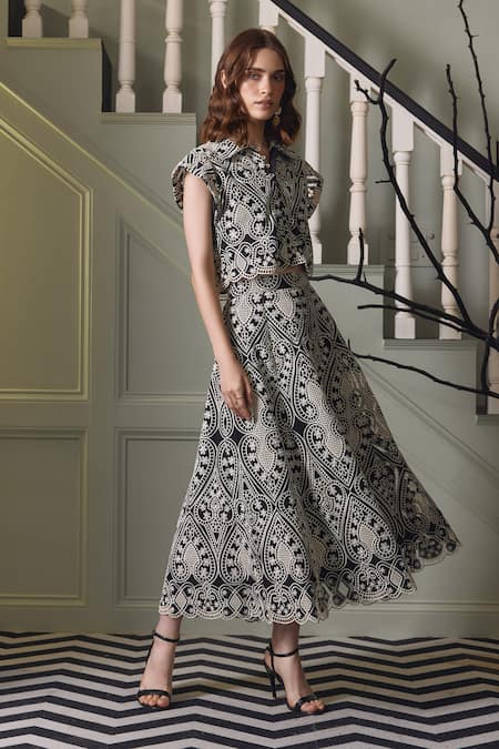 Shop Label Deepika Nagpal Black Faux Leather Embroidery Collared Nina Floral Top And Skirt Set Online at Aza Fashions Shop_Label Deepika Nagpal_Black Faux Leather Embroidery Collared Nina Floral Top And Skirt Set _Online_at_Aza_Fashions