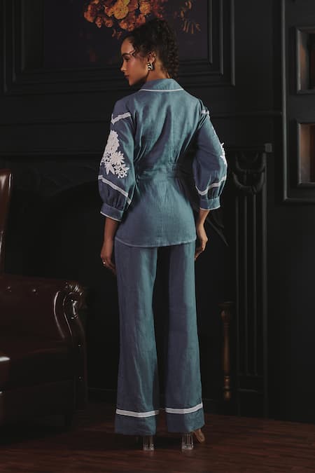 Shop Label Deepika Nagpal Blue Cotton, Linen Embroidery Collared Mila Floral Sleeve Shirt And Pant Set at Aza Fashions Shop_Label Deepika Nagpal_Blue Cotton, Linen Embroidery Collared Mila Floral Sleeve Shirt And Pant Set _at_Aza_Fashions