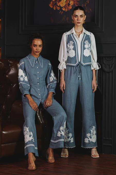 Label Deepika Nagpal Blue Cotton, Linen Embroidery Collared Mila Floral Sleeve Shirt And Pant Set Online at Aza Fashions Label Deepika Nagpal_Blue Cotton, Linen Embroidery Collared Mila Floral Sleeve Shirt And Pant Set _Online_at_Aza_Fashions
