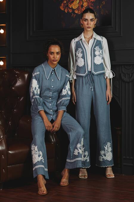 Buy Label Deepika Nagpal Blue Cotton, Linen Embroidery Collared Mila Floral Sleeve Shirt And Pant Set Online at Aza Fashions Buy_Label Deepika Nagpal_Blue Cotton, Linen Embroidery Collared Mila Floral Sleeve Shirt And Pant Set _Online_at_Aza_Fashions
