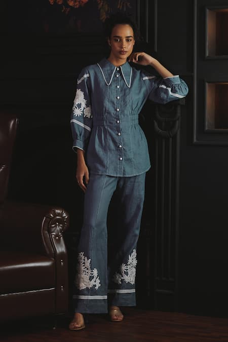 Shop Label Deepika Nagpal Blue Cotton, Linen Embroidery Collared Mila Floral Sleeve Shirt And Pant Set Online at Aza Fashions Shop_Label Deepika Nagpal_Blue Cotton, Linen Embroidery Collared Mila Floral Sleeve Shirt And Pant Set _Online_at_Aza_Fashions