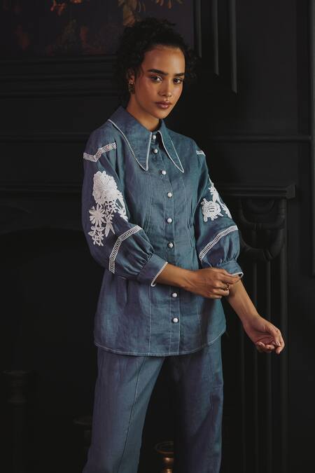 Label Deepika Nagpal Blue Cotton, Linen Embroidery Collared Mila Floral Sleeve Shirt And Pant Set at Aza Fashions Label Deepika Nagpal_Blue Cotton, Linen Embroidery Collared Mila Floral Sleeve Shirt And Pant Set _at_Aza_Fashions