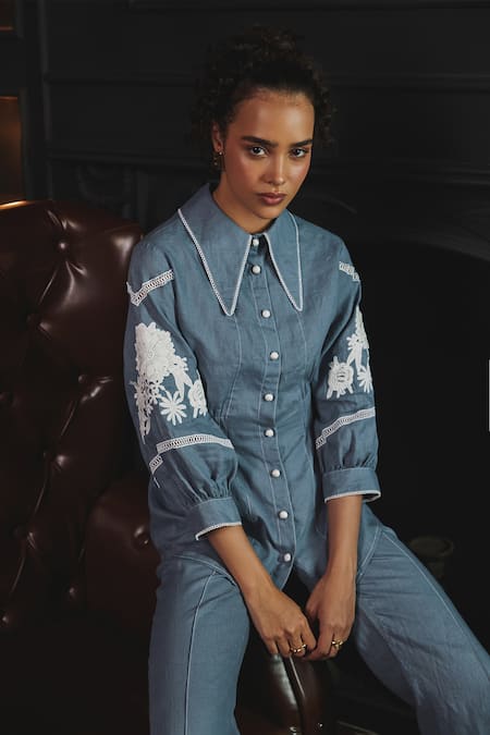 Buy Label Deepika Nagpal Blue Cotton, Linen Embroidery Collared Mila Floral Sleeve Shirt And Pant Set Buy_Label Deepika Nagpal_Blue Cotton, Linen Embroidery Collared Mila Floral Sleeve Shirt And Pant Set