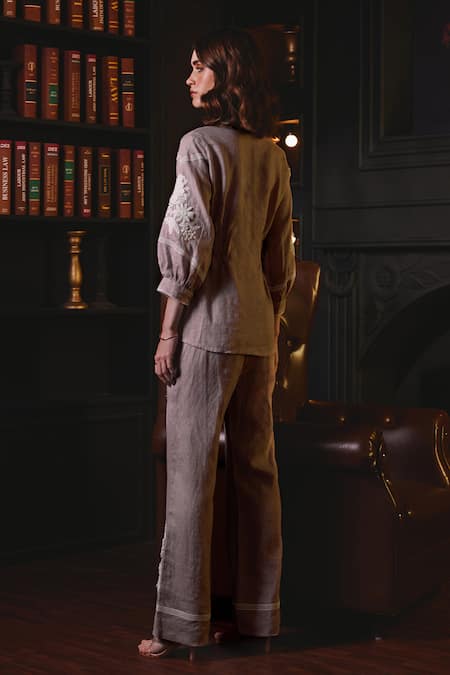 Shop Label Deepika Nagpal Pink Cotton, Viscose, Linen Embroidery Mila Floral Placement Shirt And Pant Set at Aza Fashions Shop_Label Deepika Nagpal_Pink Cotton, Viscose, Linen Embroidery Mila Floral Placement Shirt And Pant Set _at_Aza_Fashions