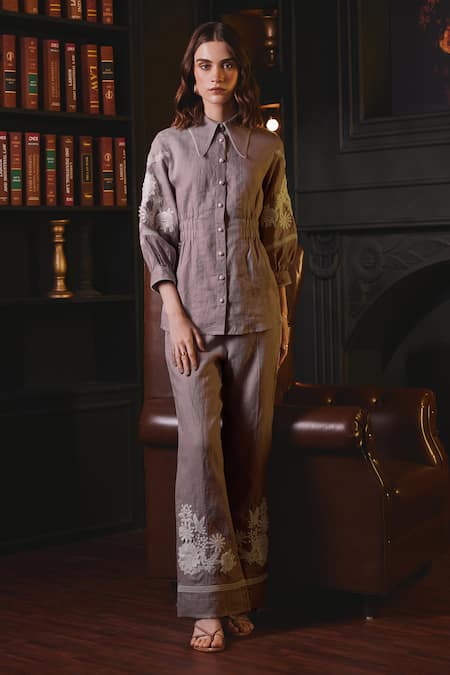 Label Deepika Nagpal Pink Cotton, Viscose, Linen Embroidery Mila Floral Placement Shirt And Pant Set Online at Aza Fashions Label Deepika Nagpal_Pink Cotton, Viscose, Linen Embroidery Mila Floral Placement Shirt And Pant Set _Online_at_Aza_Fashions