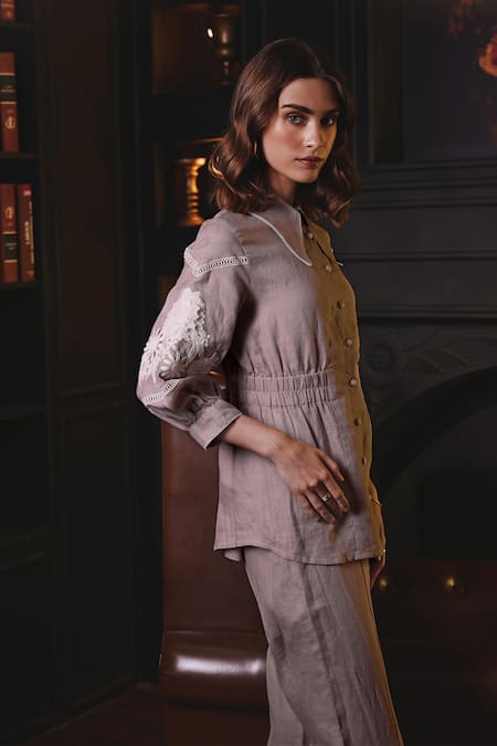 Shop Label Deepika Nagpal Pink Cotton, Viscose, Linen Embroidery Mila Floral Placement Shirt And Pant Set Online at Aza Fashions Shop_Label Deepika Nagpal_Pink Cotton, Viscose, Linen Embroidery Mila Floral Placement Shirt And Pant Set _Online_at_Aza_Fashions