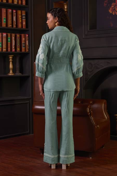 Shop Label Deepika Nagpal Blue Cotton, Viscose, Linen Embroidery Mila Thread Sleeve Shirt And Pant Set at Aza Fashions Shop_Label Deepika Nagpal_Blue Cotton, Viscose, Linen Embroidery Mila Thread Sleeve Shirt And Pant Set _at_Aza_Fashions