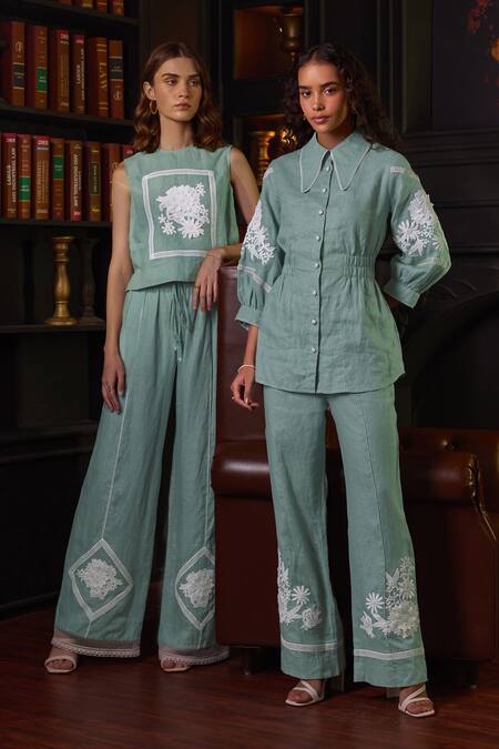 Label Deepika Nagpal Blue Cotton, Viscose, Linen Embroidery Mila Thread Sleeve Shirt And Pant Set Online at Aza Fashions Label Deepika Nagpal_Blue Cotton, Viscose, Linen Embroidery Mila Thread Sleeve Shirt And Pant Set _Online_at_Aza_Fashions