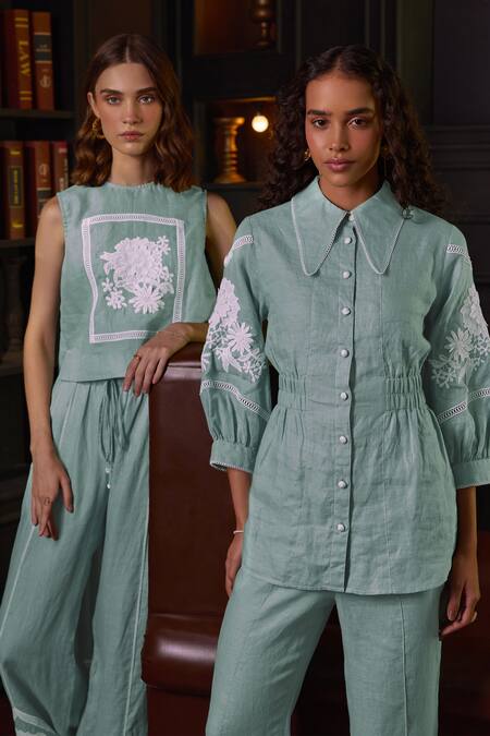 Buy Label Deepika Nagpal Blue Cotton, Viscose, Linen Embroidery Mila Thread Sleeve Shirt And Pant Set Online at Aza Fashions Buy_Label Deepika Nagpal_Blue Cotton, Viscose, Linen Embroidery Mila Thread Sleeve Shirt And Pant Set _Online_at_Aza_Fashions
