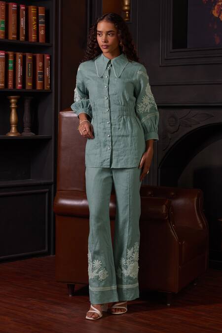 Shop Label Deepika Nagpal Blue Cotton, Viscose, Linen Embroidery Mila Thread Sleeve Shirt And Pant Set Online at Aza Fashions Shop_Label Deepika Nagpal_Blue Cotton, Viscose, Linen Embroidery Mila Thread Sleeve Shirt And Pant Set _Online_at_Aza_Fashions