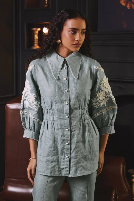 Label Deepika Nagpal Blue Cotton, Viscose, Linen Embroidery Mila Thread Sleeve Shirt And Pant Set at Aza Fashions Label Deepika Nagpal_Blue Cotton, Viscose, Linen Embroidery Mila Thread Sleeve Shirt And Pant Set _at_Aza_Fashions