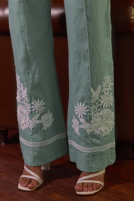 Shop Label Deepika Nagpal Blue Cotton, Viscose, Linen Embroidery Mila Thread Sleeve Shirt And Pant Set Shop_Label Deepika Nagpal_Blue Cotton, Viscose, Linen Embroidery Mila Thread Sleeve Shirt And Pant Set