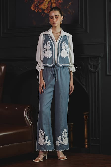 Label Deepika Nagpal Janette Floral Lace Embroidered Vest Pant Set 