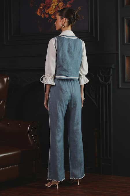 Shop Label Deepika Nagpal Blue Cotton, Linen Embroidery Collared Janette Floral Lace Vest Pant Set at Aza Fashions Shop_Label Deepika Nagpal_Blue Cotton, Linen Embroidery Collared Janette Floral Lace Vest Pant Set _at_Aza_Fashions