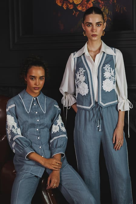Buy Label Deepika Nagpal Blue Cotton, Linen Embroidery Collared Janette Floral Lace Vest Pant Set Online at Aza Fashions Buy_Label Deepika Nagpal_Blue Cotton, Linen Embroidery Collared Janette Floral Lace Vest Pant Set _Online_at_Aza_Fashions
