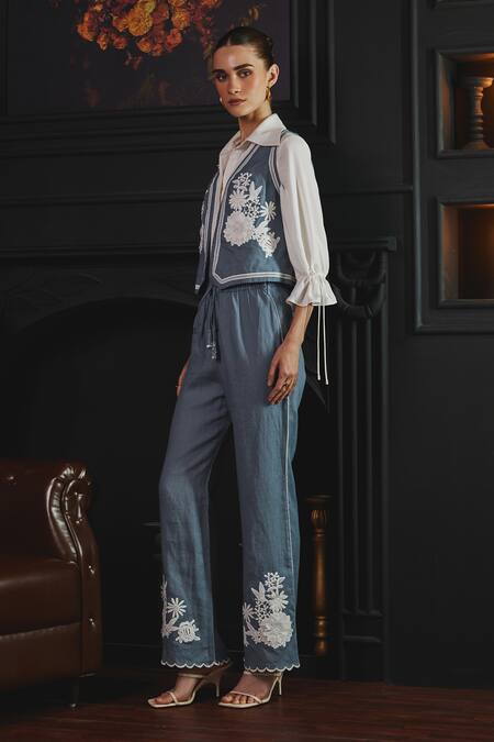 Shop Label Deepika Nagpal Blue Cotton, Linen Embroidery Collared Janette Floral Lace Vest Pant Set Online at Aza Fashions Shop_Label Deepika Nagpal_Blue Cotton, Linen Embroidery Collared Janette Floral Lace Vest Pant Set _Online_at_Aza_Fashions
