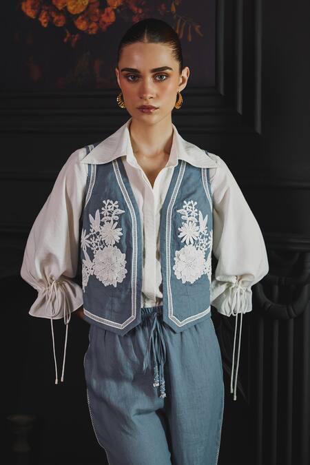 Label Deepika Nagpal Blue Cotton, Linen Embroidery Collared Janette Floral Lace Vest Pant Set at Aza Fashions Label Deepika Nagpal_Blue Cotton, Linen Embroidery Collared Janette Floral Lace Vest Pant Set _at_Aza_Fashions