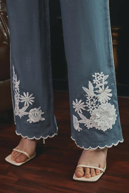 Buy Label Deepika Nagpal Blue Cotton, Linen Embroidery Collared Janette Floral Lace Vest Pant Set Buy_Label Deepika Nagpal_Blue Cotton, Linen Embroidery Collared Janette Floral Lace Vest Pant Set