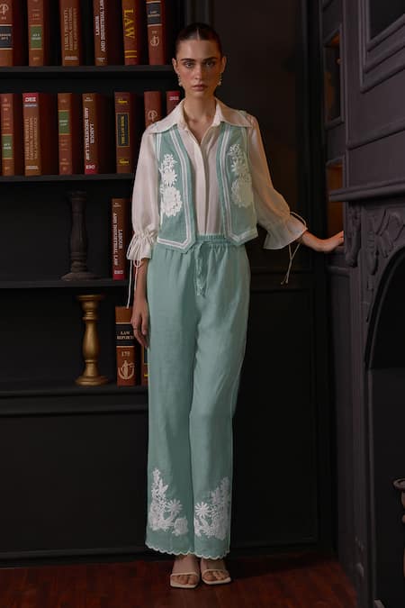 Label Deepika Nagpal Blue Cotton Linen Embroidery Floral Lace Vest V Neck Janette Pant Set 